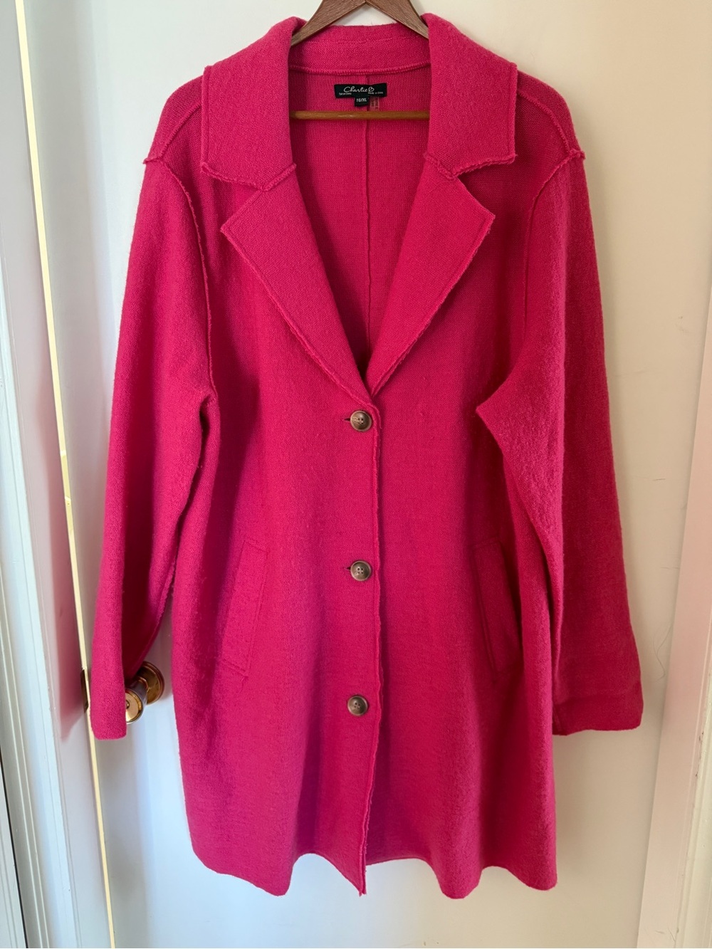 Charlie B Hot Pink 100% Wool Sweater Coat XL Longline Button Front